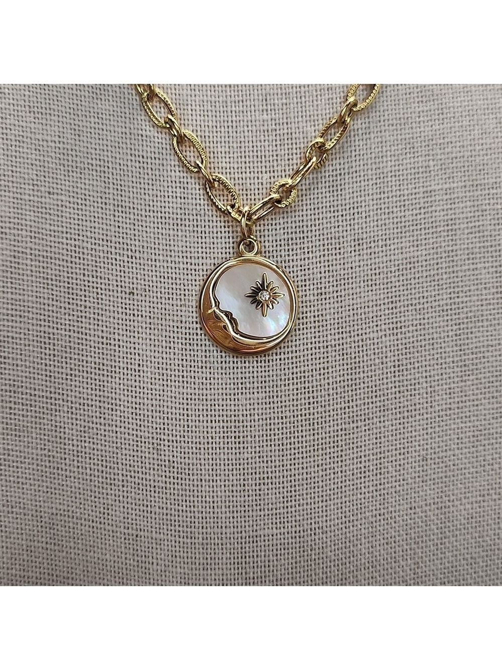 18k Gold Plated Stainless Steel Crescent Moon Pendant Necklace, Mother of Pearl